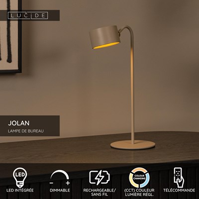 Lucide JOLAN - Lampe de bureau Rechargeable/Lampe à pince/Applique murale - Batterie/Piles - LED Dim to warm - 1x3,5W 2700K/5700K - Taupe